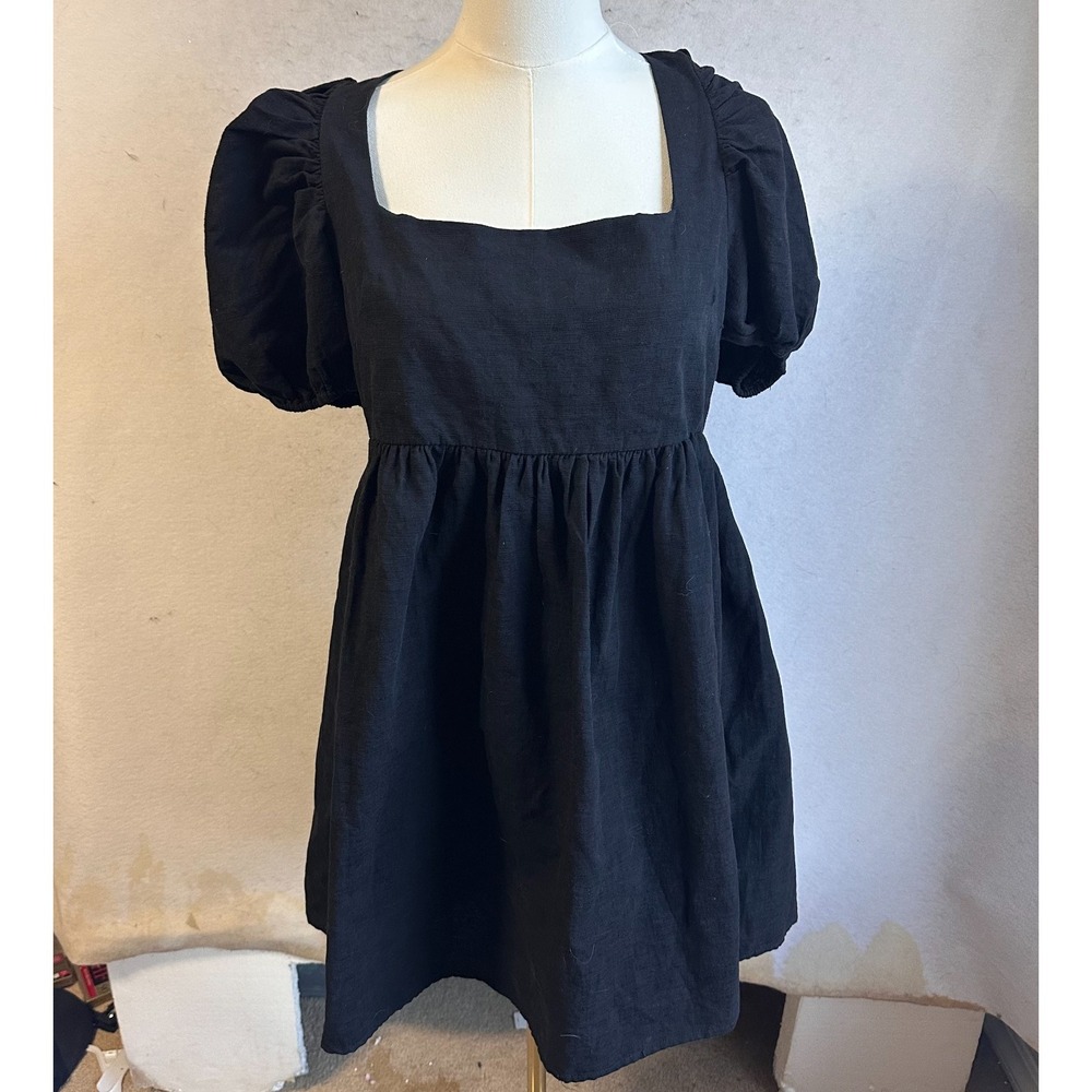 Jacquie The Label dress Size M Babydoll  black puff sleeves short back  tie goth